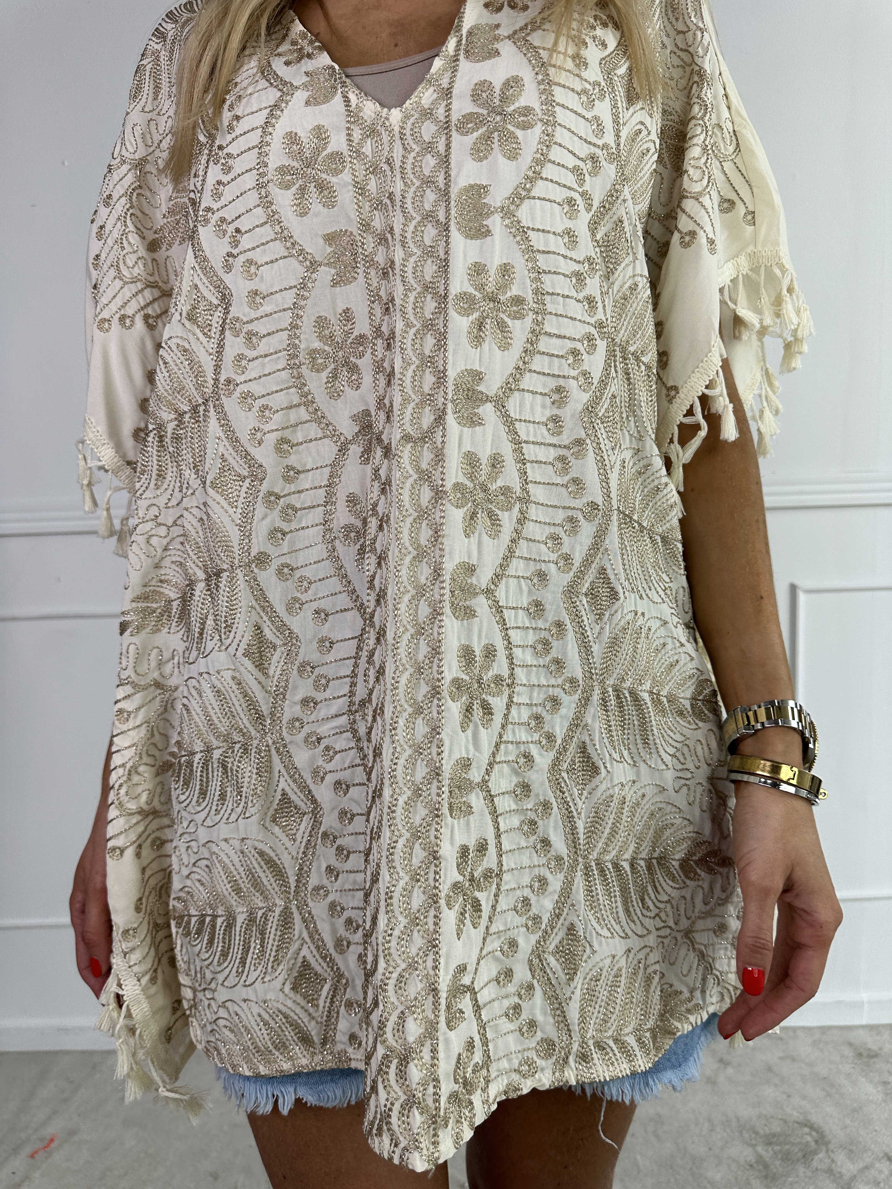 Aloha - Tunika i viskose med guld broderinger og kvaster